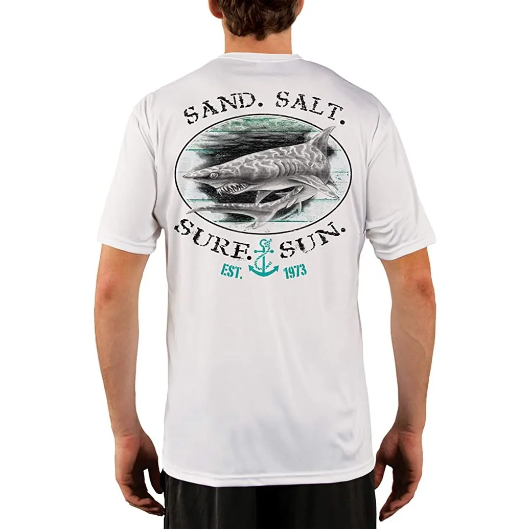 SAND.SALT.SURF.SUN. Shark Men's UPF 50  UV Sun Protection Performance Short Sleeve T-Shirt