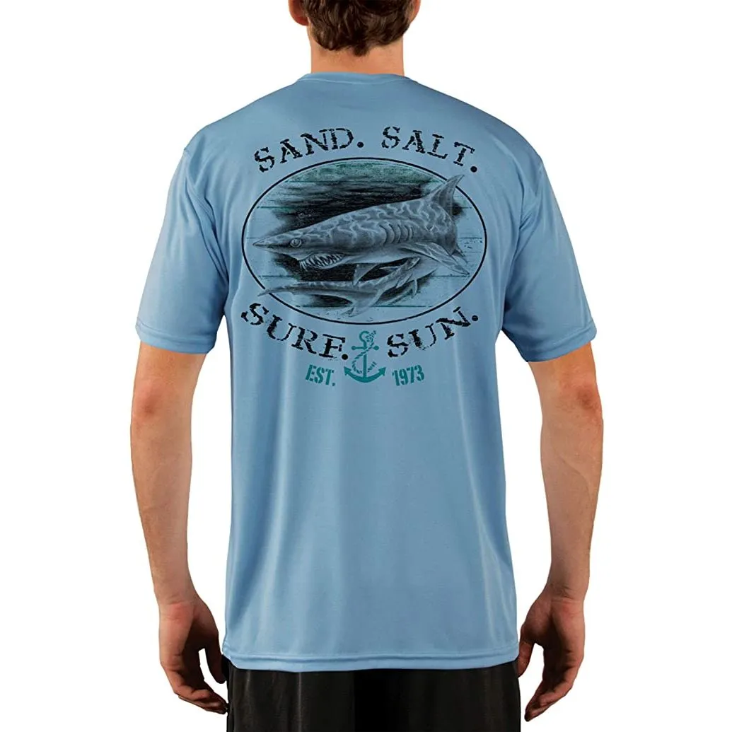 SAND.SALT.SURF.SUN. Shark Men's UPF 50  UV Sun Protection Performance Short Sleeve T-Shirt
