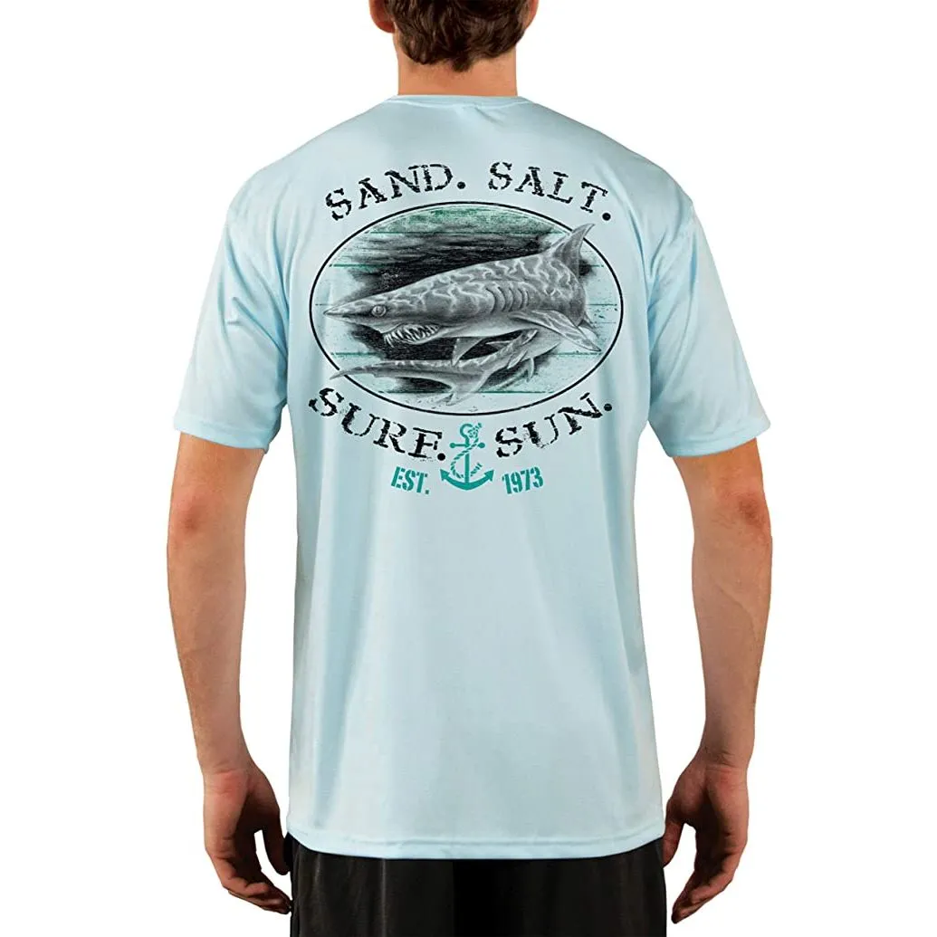 SAND.SALT.SURF.SUN. Shark Men's UPF 50  UV Sun Protection Performance Short Sleeve T-Shirt