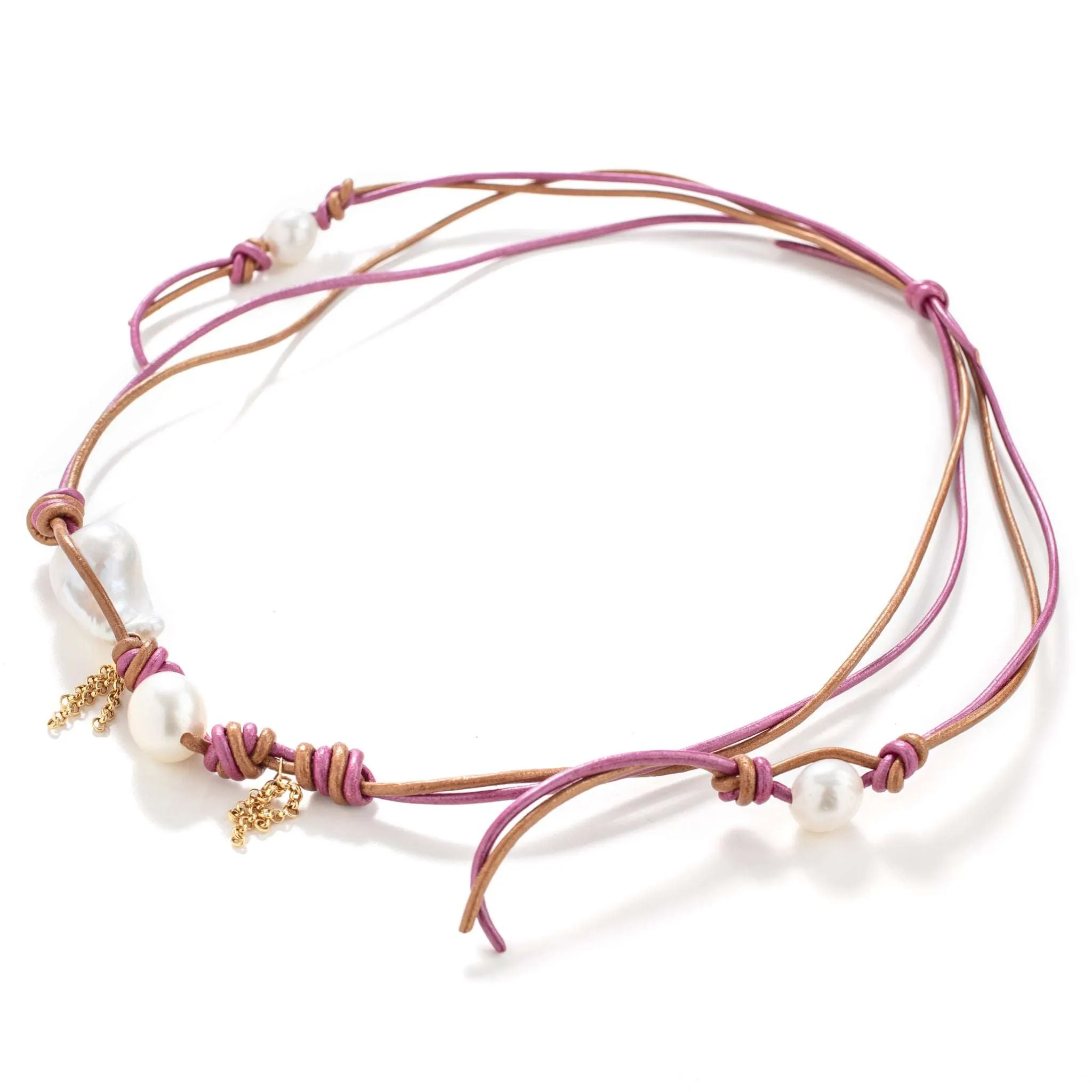 Santorini Sunrise Rocker Pearl Gold Chain Leather Necklace