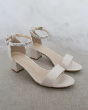 Satin Block Heel Sandals with Mini Rhinestones Embellished Ankle Strap