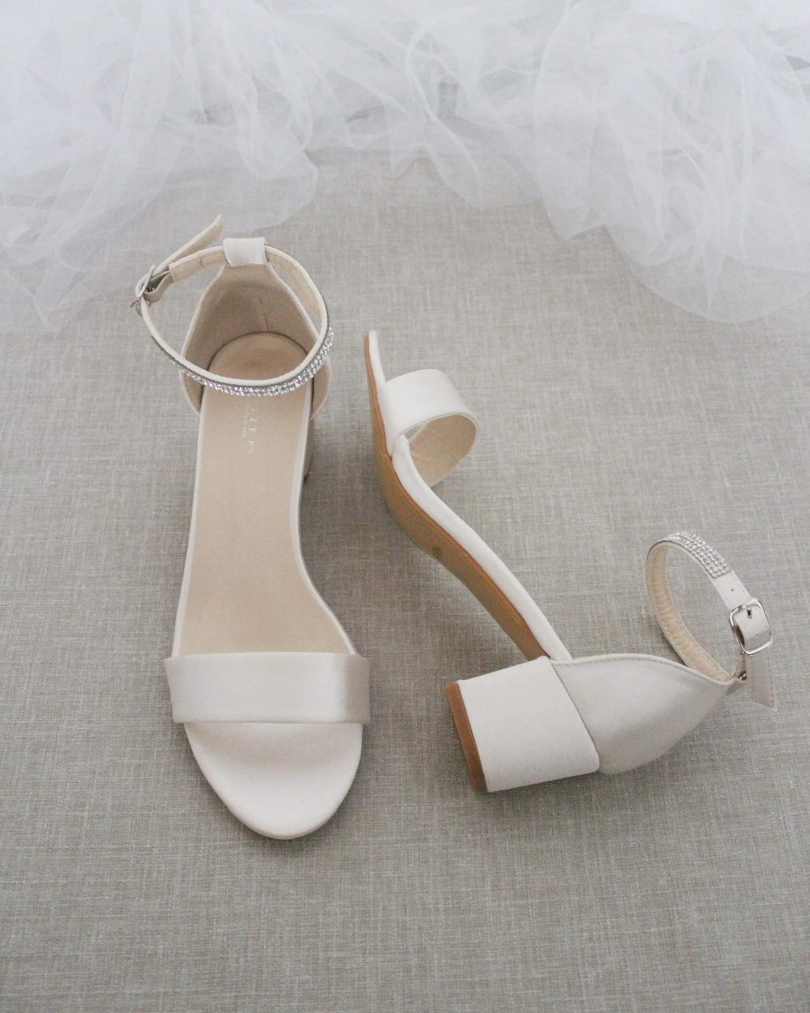 Satin Block Heel Sandals with Mini Rhinestones Embellished Ankle Strap