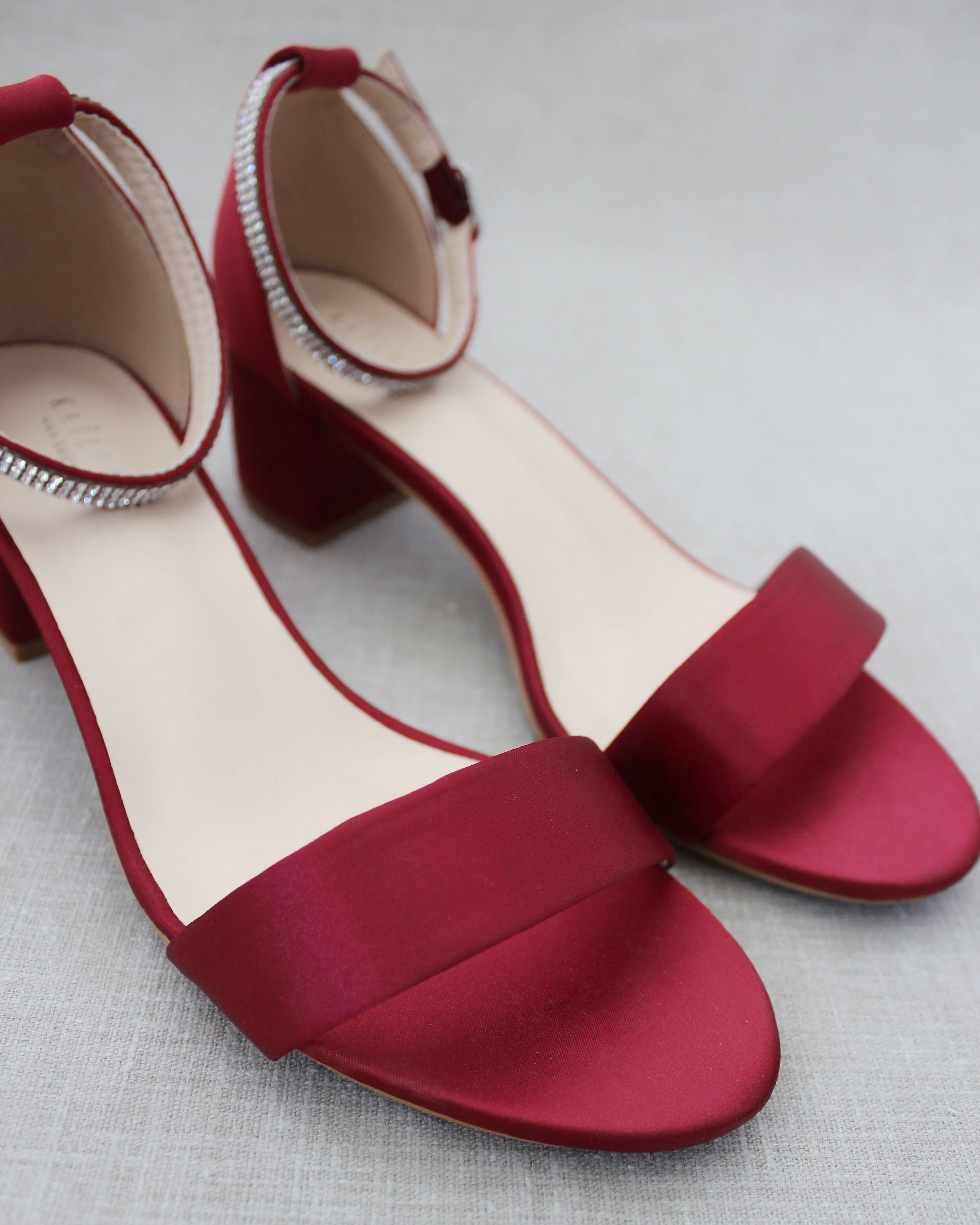 Satin Block Heel Sandals with Mini Rhinestones Embellished Ankle Strap