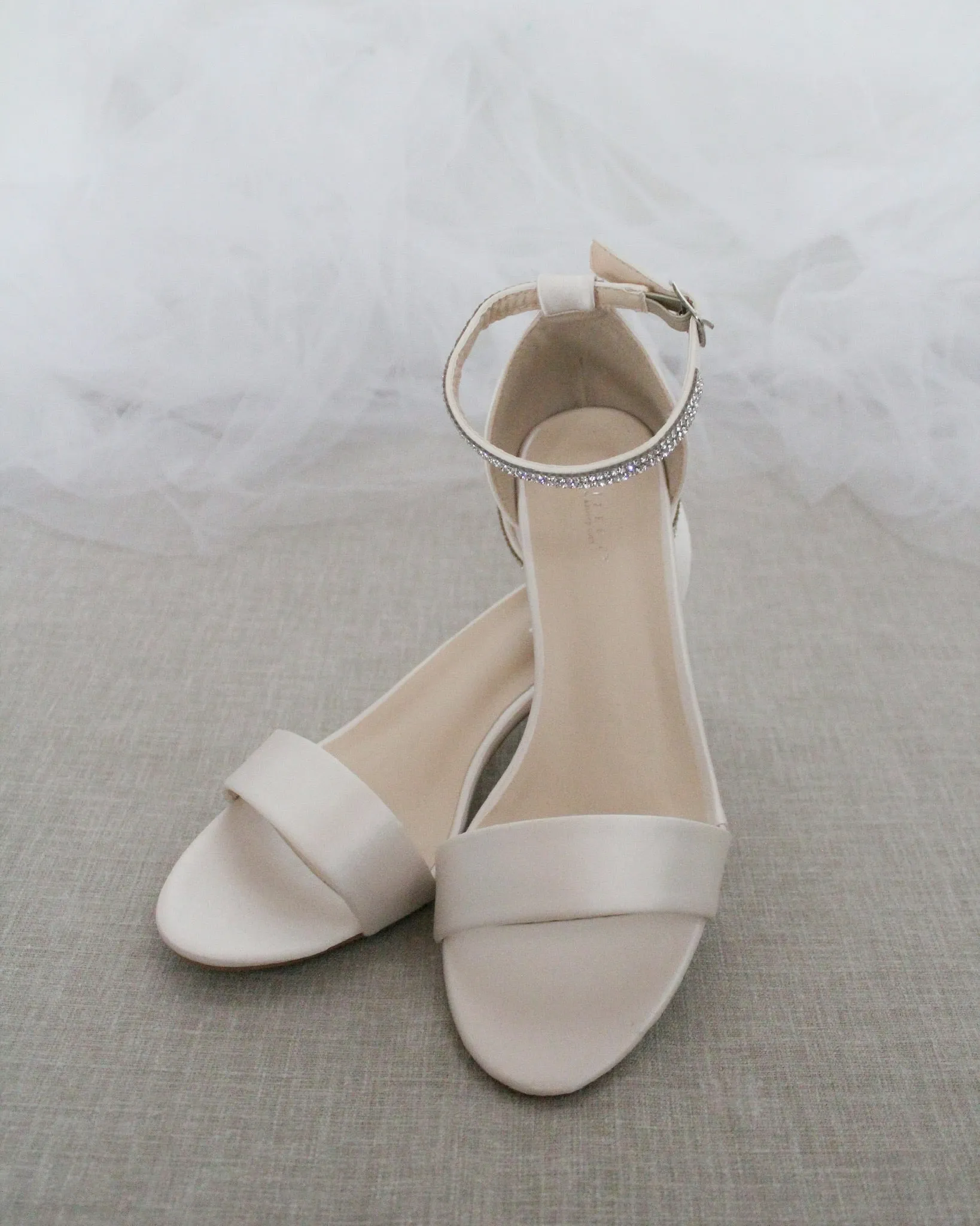 Satin Block Heel Sandals with Mini Rhinestones Embellished Ankle Strap