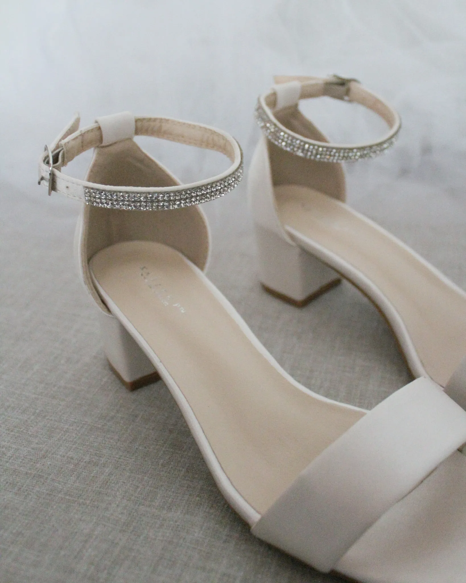 Satin Block Heel Sandals with Mini Rhinestones Embellished Ankle Strap