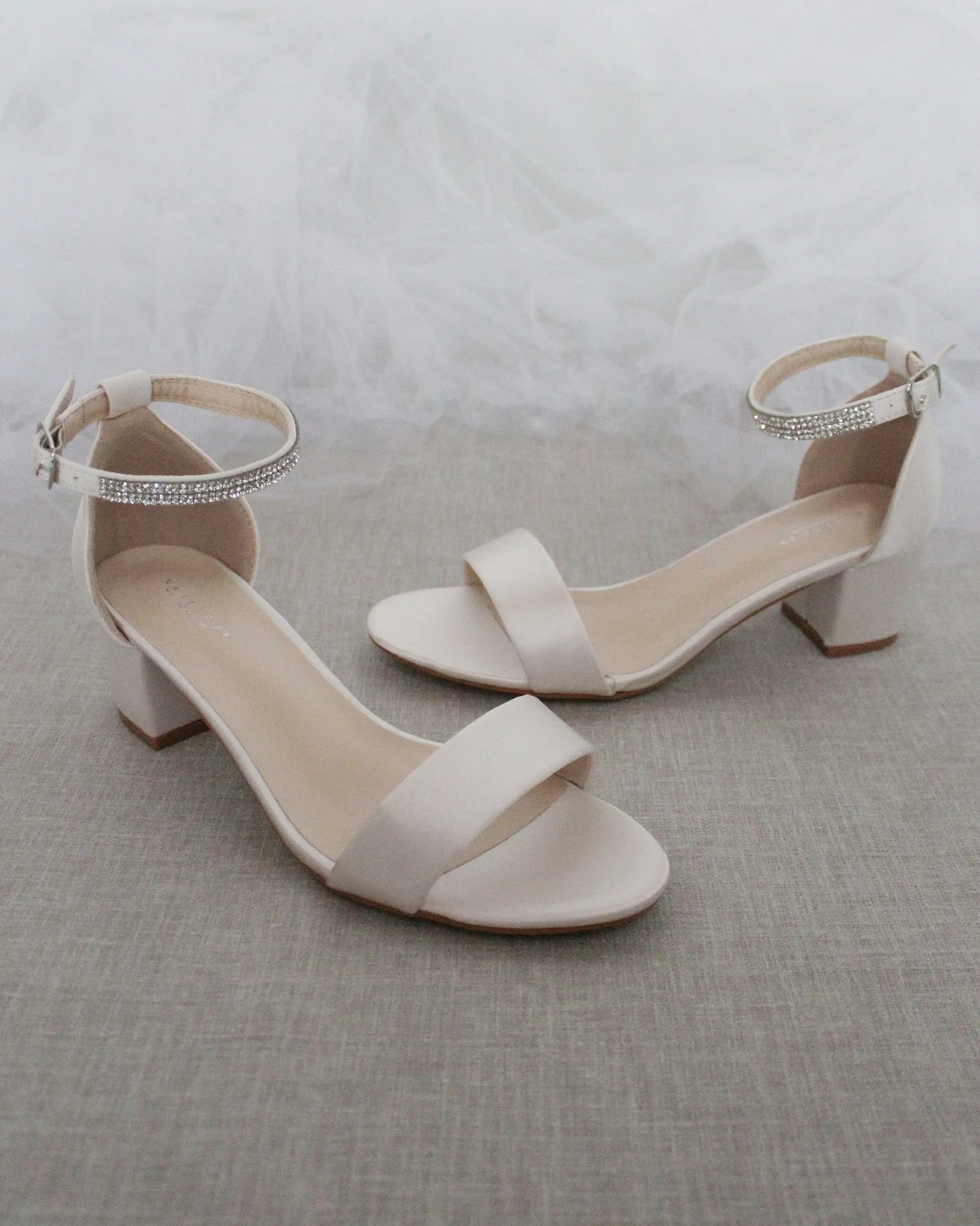 Satin Block Heel Sandals with Mini Rhinestones Embellished Ankle Strap