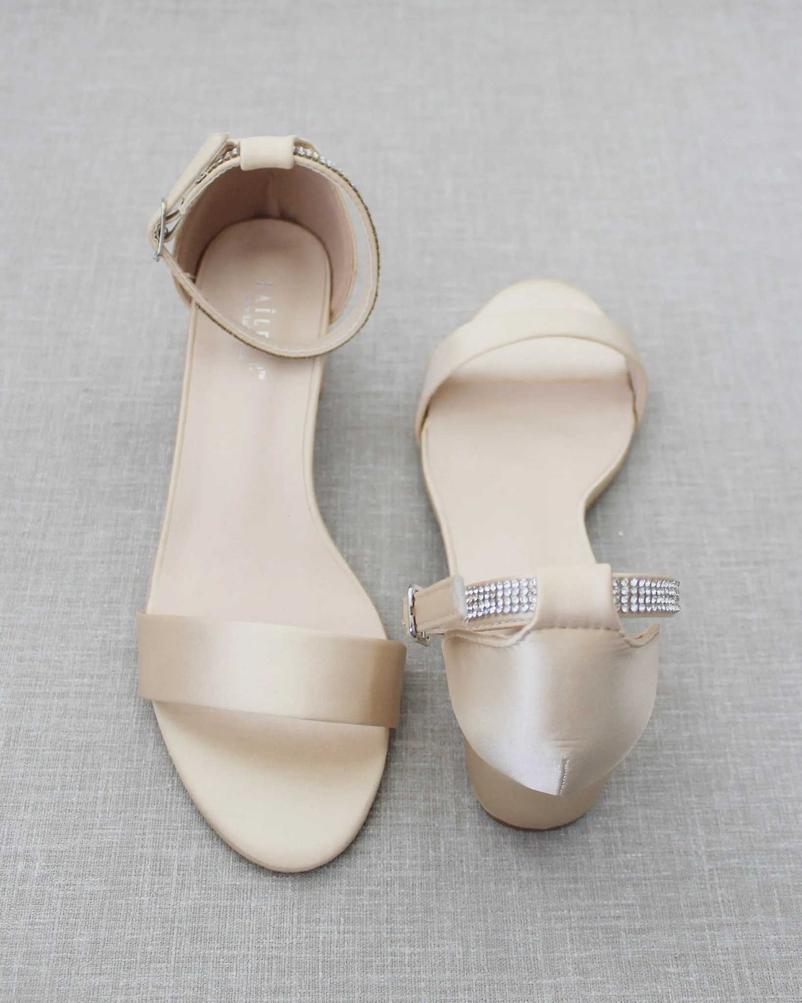 Satin Block Heel Sandals with Mini Rhinestones Embellished Ankle Strap