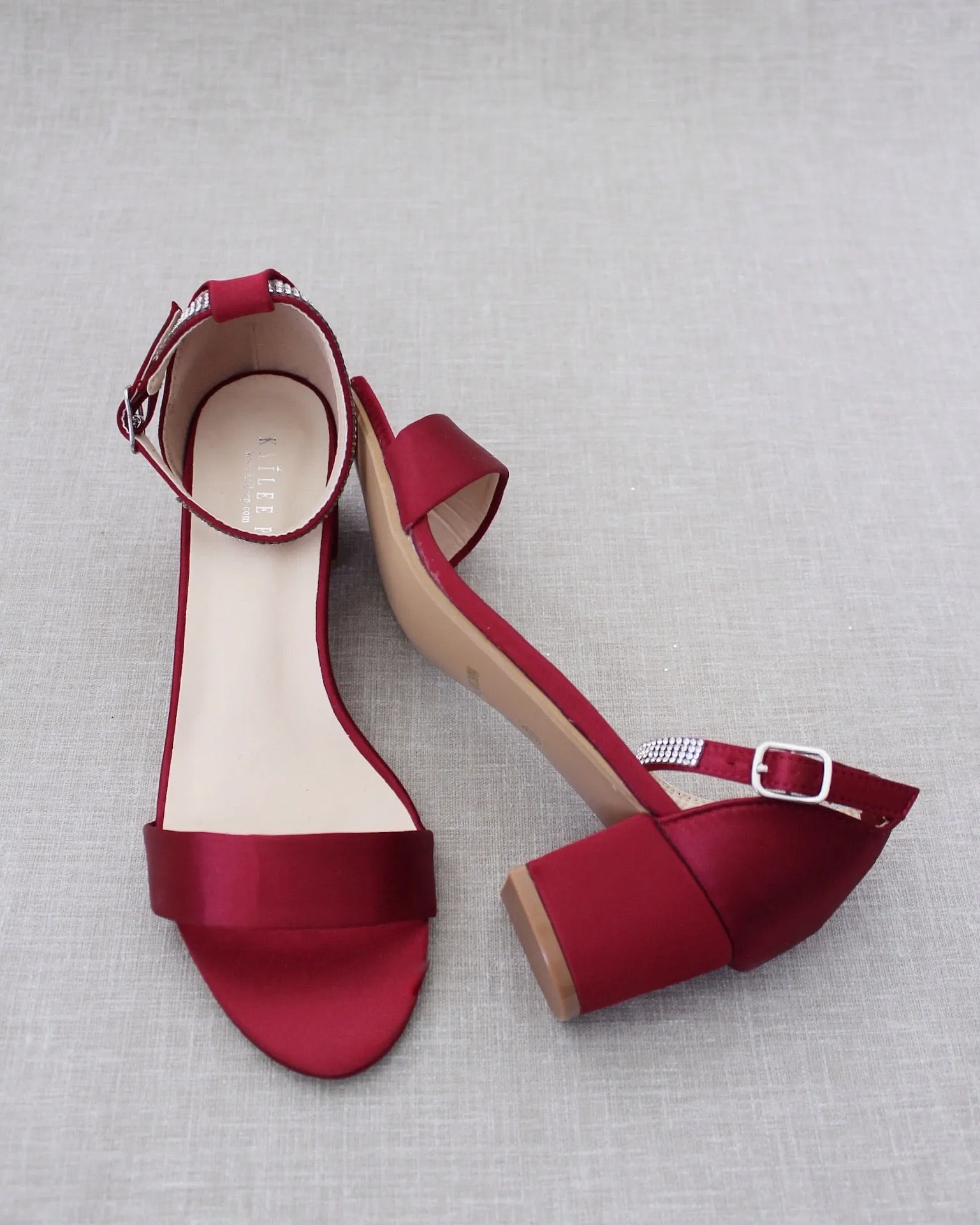 Satin Block Heel Sandals with Mini Rhinestones Embellished Ankle Strap