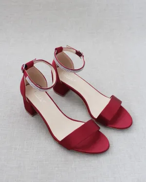 Satin Block Heel Sandals with Mini Rhinestones Embellished Ankle Strap