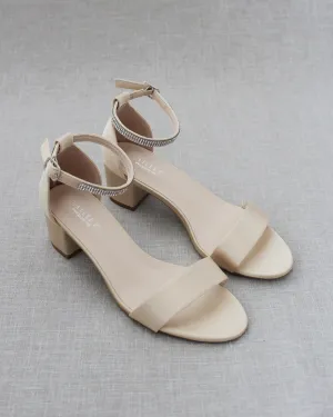 Satin Block Heel Sandals with Mini Rhinestones Embellished Ankle Strap