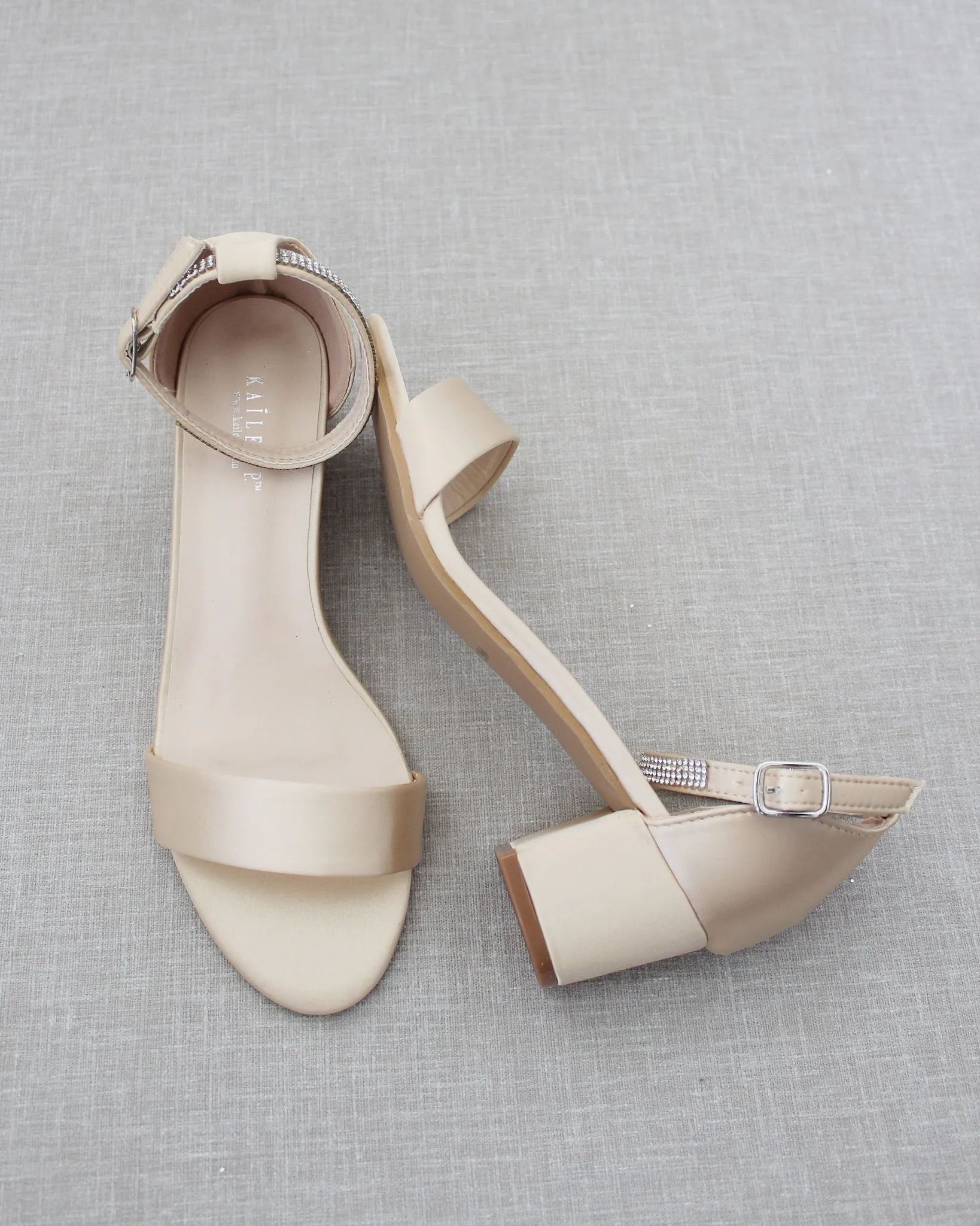 Satin Block Heel Sandals with Mini Rhinestones Embellished Ankle Strap