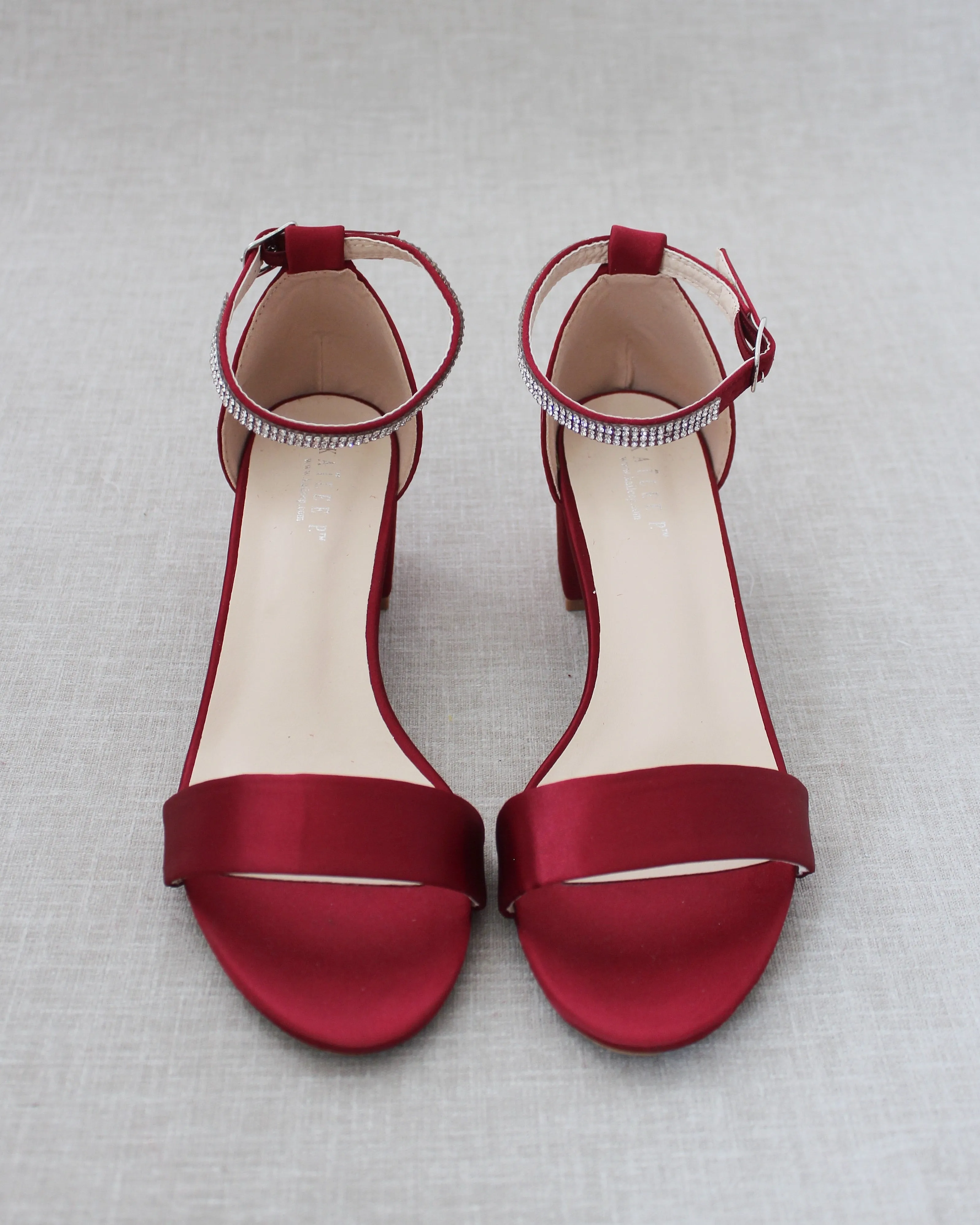 Satin Block Heel Sandals with Mini Rhinestones Embellished Ankle Strap
