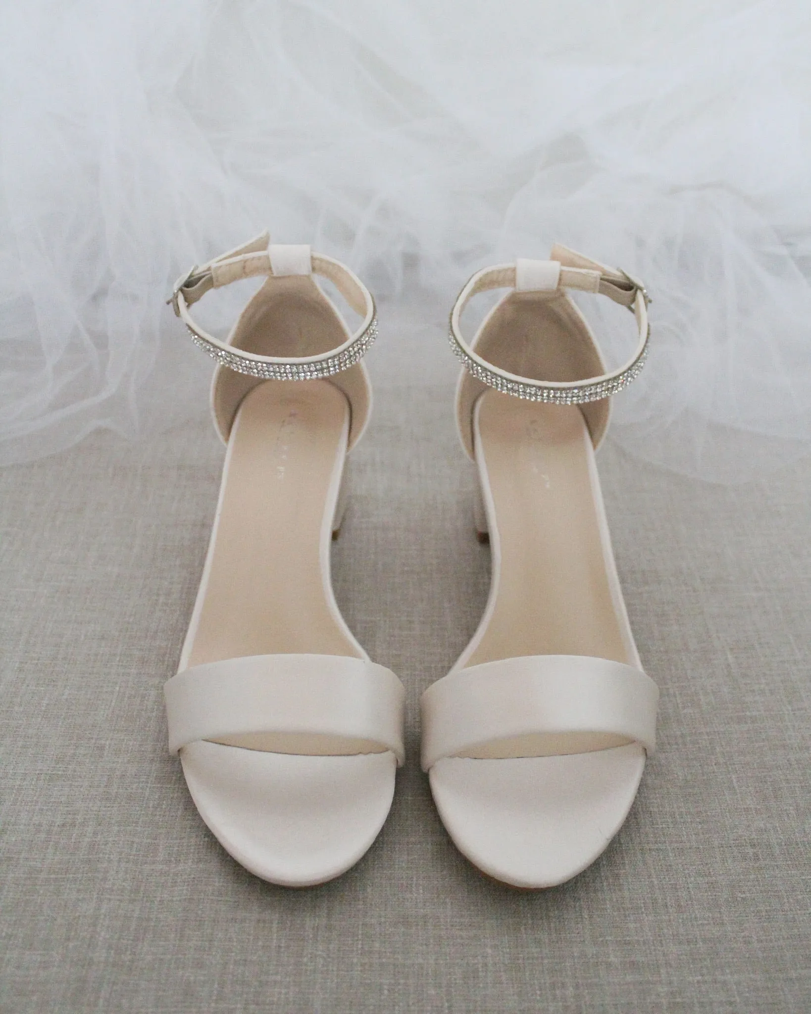 Satin Block Heel Sandals with Mini Rhinestones Embellished Ankle Strap