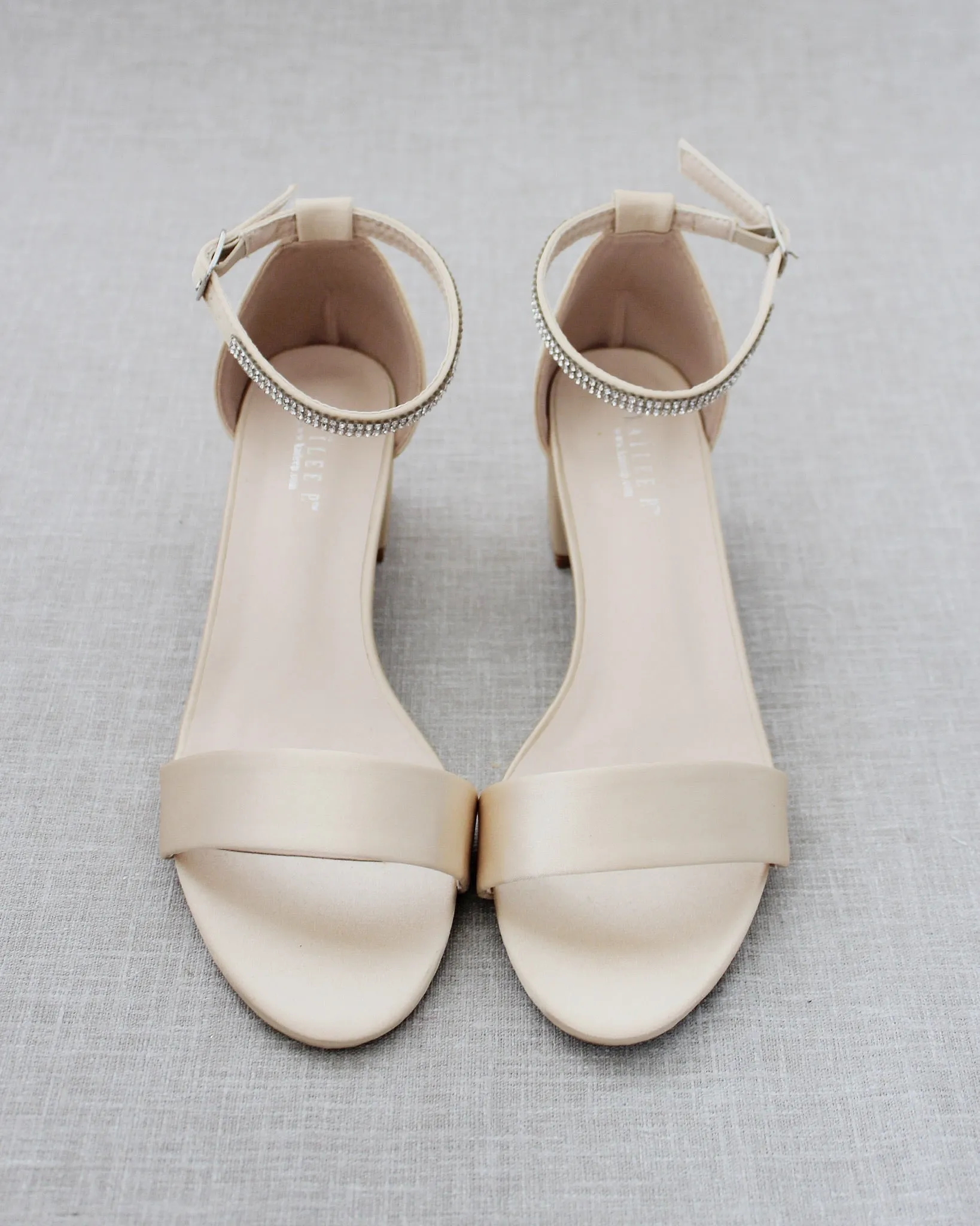 Satin Block Heel Sandals with Mini Rhinestones Embellished Ankle Strap