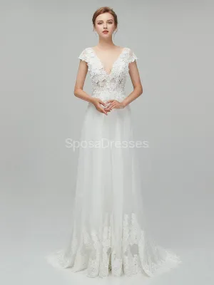 See Through Backless Cap Sleeves Cheap Wedding Dresses Online, Unique Bridal Dresses, WD562