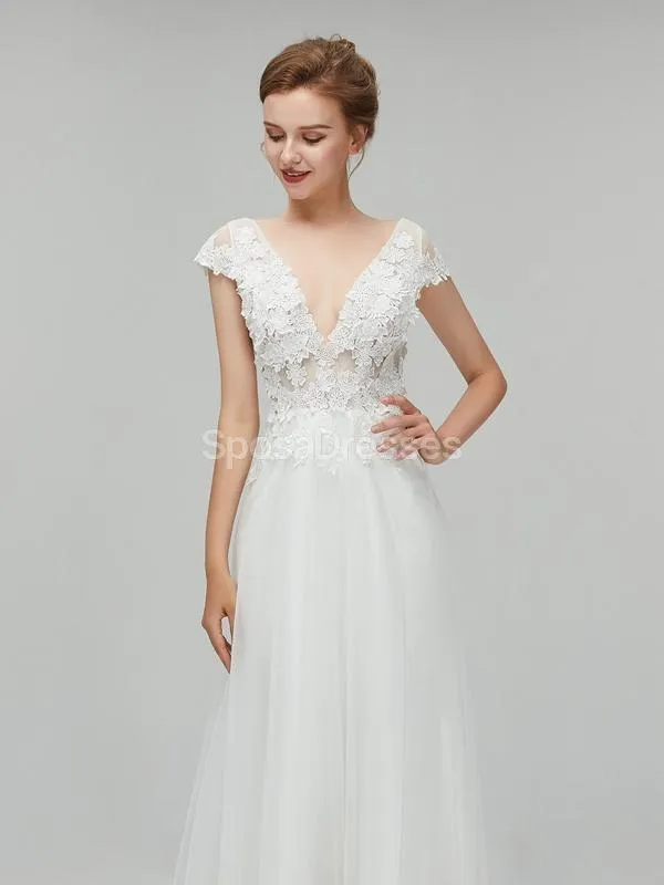 See Through Backless Cap Sleeves Cheap Wedding Dresses Online, Unique Bridal Dresses, WD562