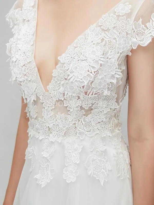 See Through Backless Cap Sleeves Cheap Wedding Dresses Online, Unique Bridal Dresses, WD562
