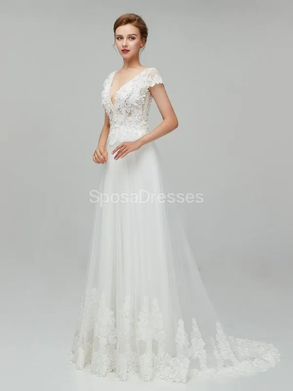 See Through Backless Cap Sleeves Cheap Wedding Dresses Online, Unique Bridal Dresses, WD562