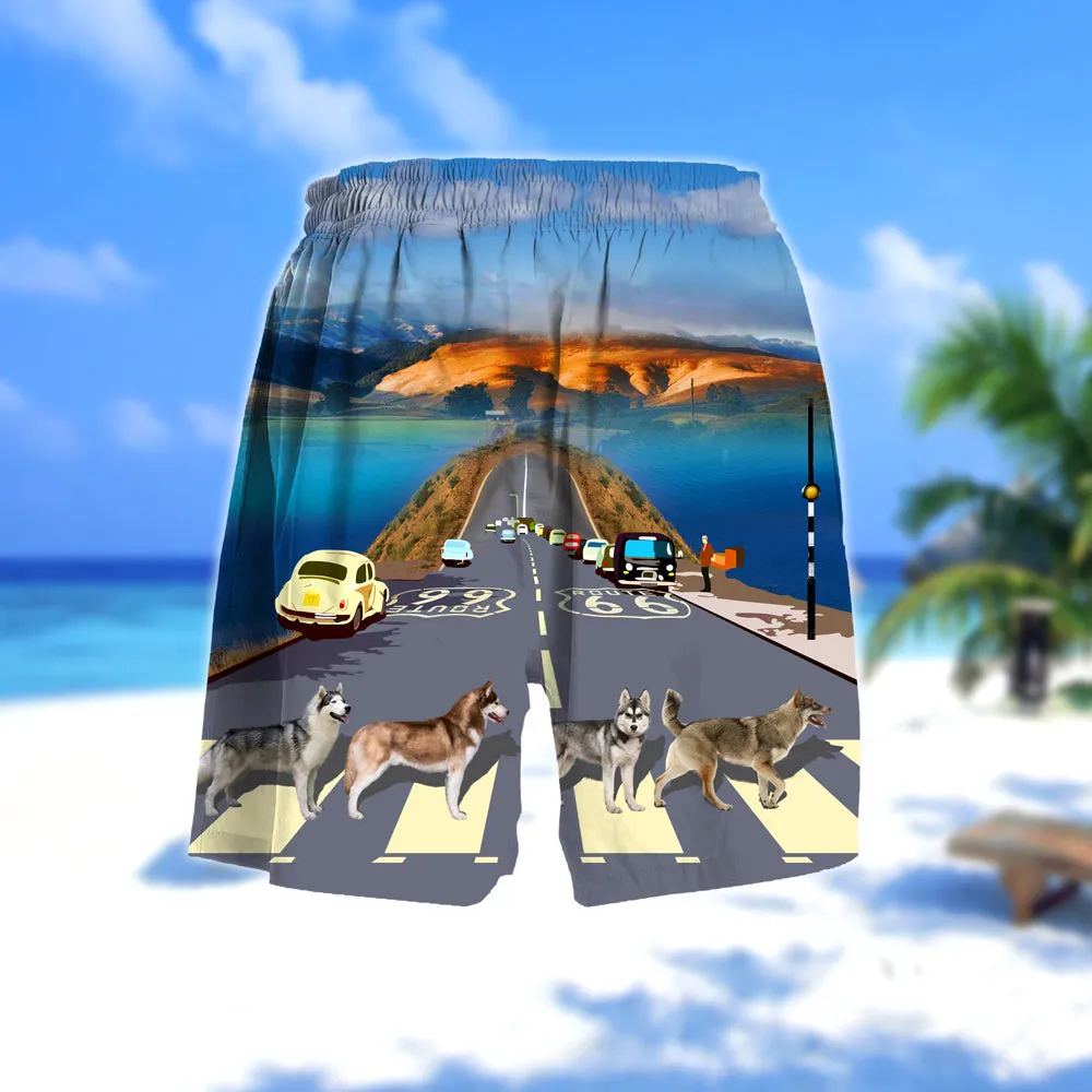 Siberian Husky Cross the road- Men Hawaii Beach Shorts