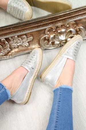 Silver Diamante Embellished Espadrilles - Mazie