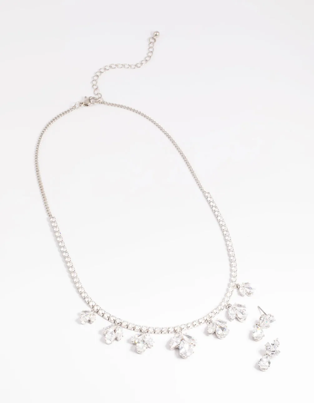 Silver Diamond Simulant Flower Necklace & Earrings Set