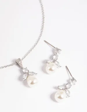 Silver Diamond Simulant Flower Pearl Necklace & Earrings Set