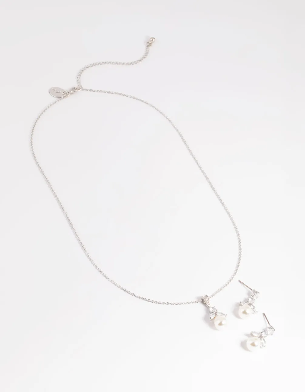 Silver Diamond Simulant Flower Pearl Necklace & Earrings Set