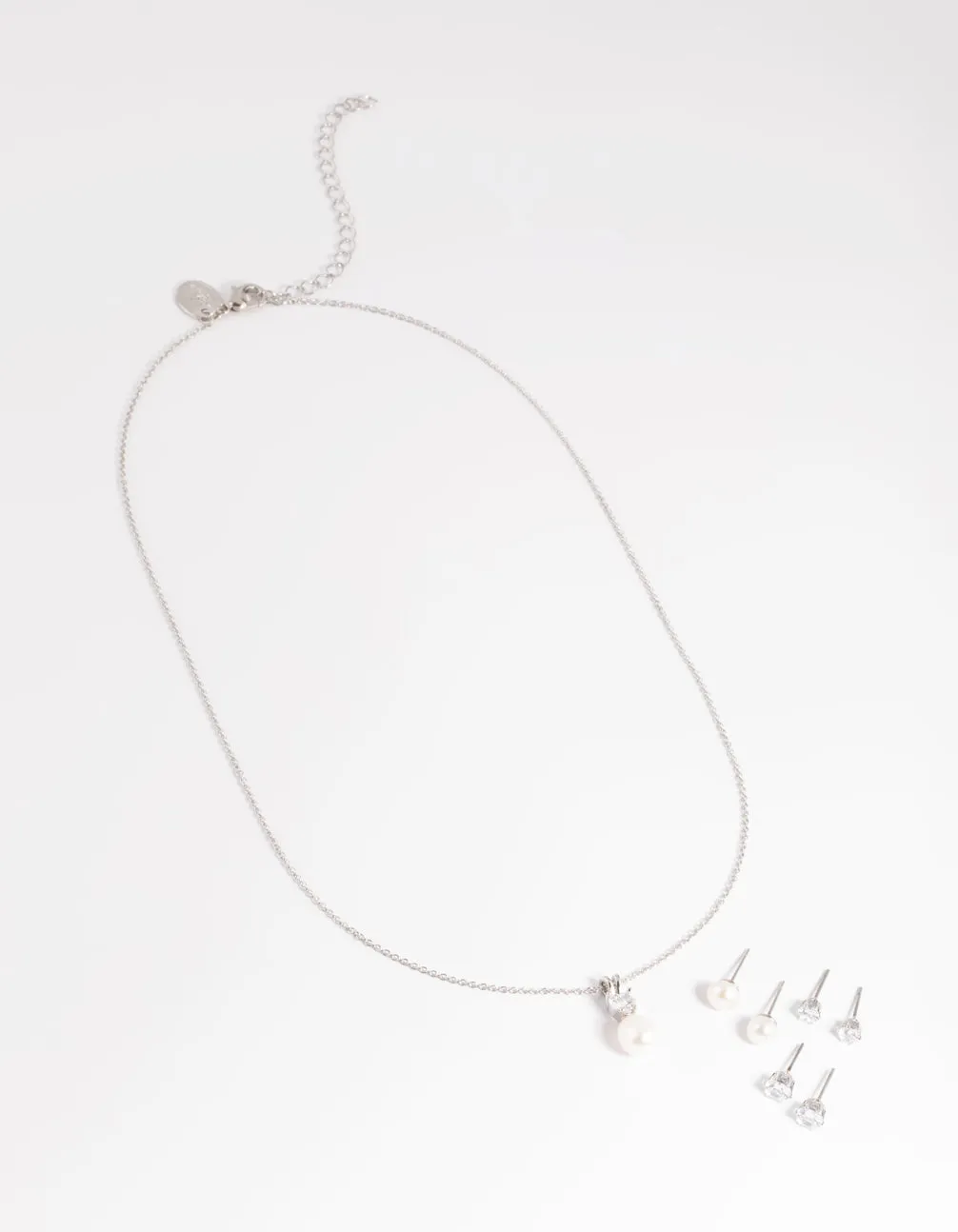 Silver Diamond Simulant Freshwater Pearl Necklace & Earrings Set
