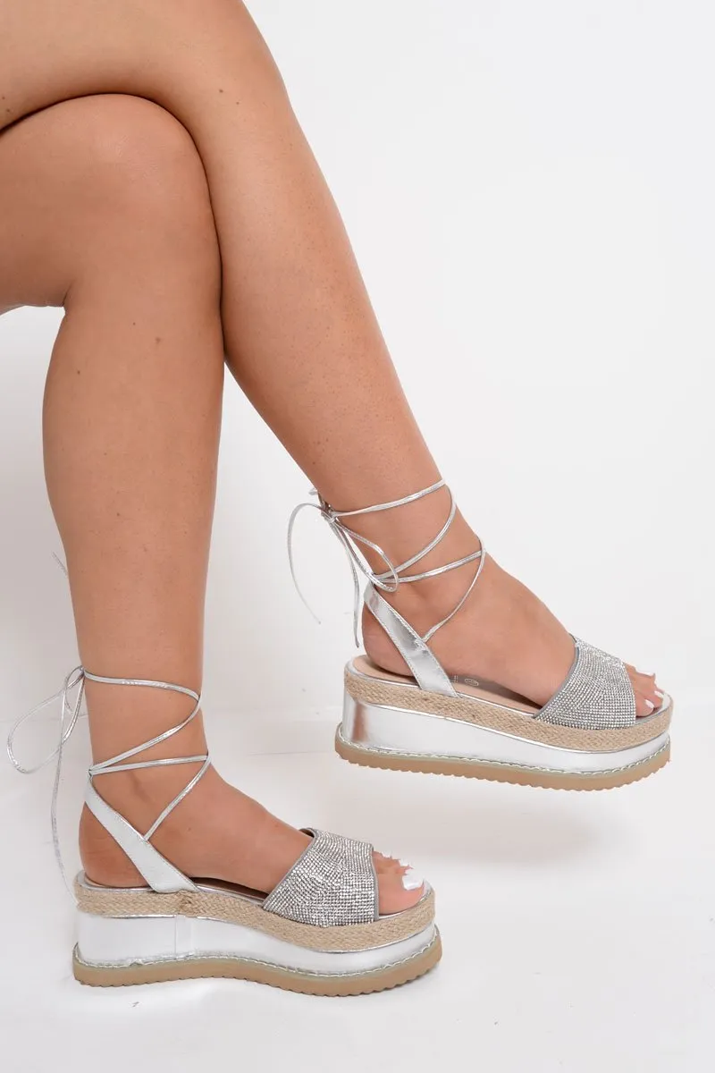Silver Metallic Lace Up Diamante Wedges - Olivier