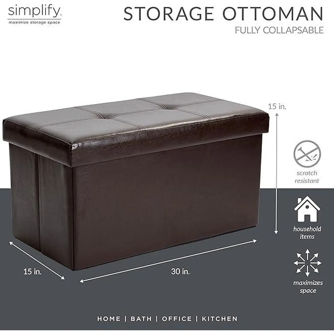 Simplify Folding Storage Ottoman Faux Leather, Tufted Padded Seating, Foot Rest, Stool, Full - Chocolate