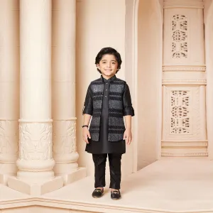 Sleek Black Jacket Kurta Set with Pyjama
