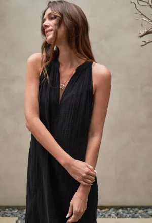 Sleeveless Black Gauze Midi Dress with Pockets