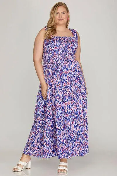 Smocked Printed Wide Strap Tiered Dress