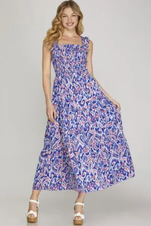 Smocked Printed Wide Strap Tiered Dress