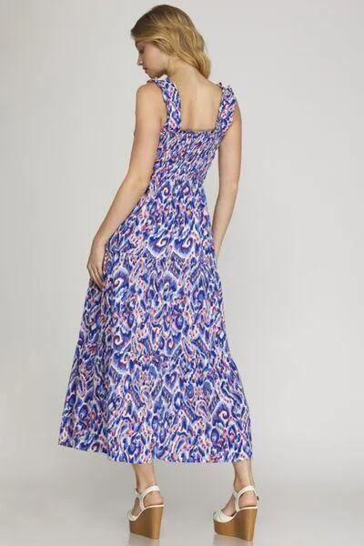 Smocked Printed Wide Strap Tiered Dress