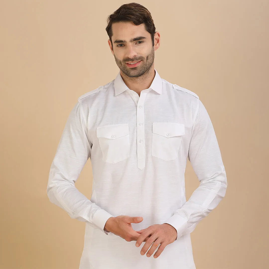 Snowy  White Pathani Plain Kurta for Men