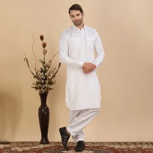 Snowy  White Pathani Plain Kurta for Men