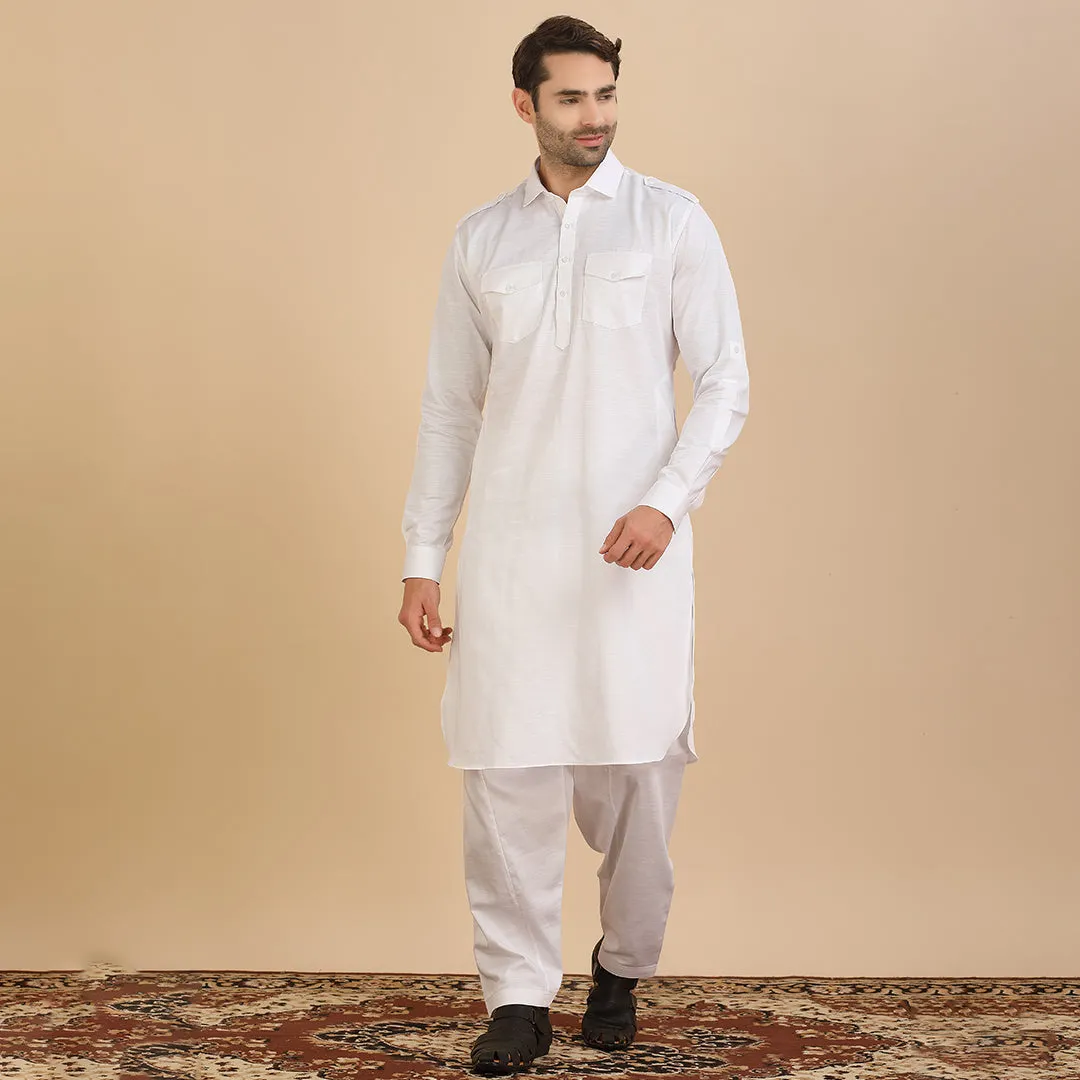 Snowy  White Pathani Plain Kurta for Men