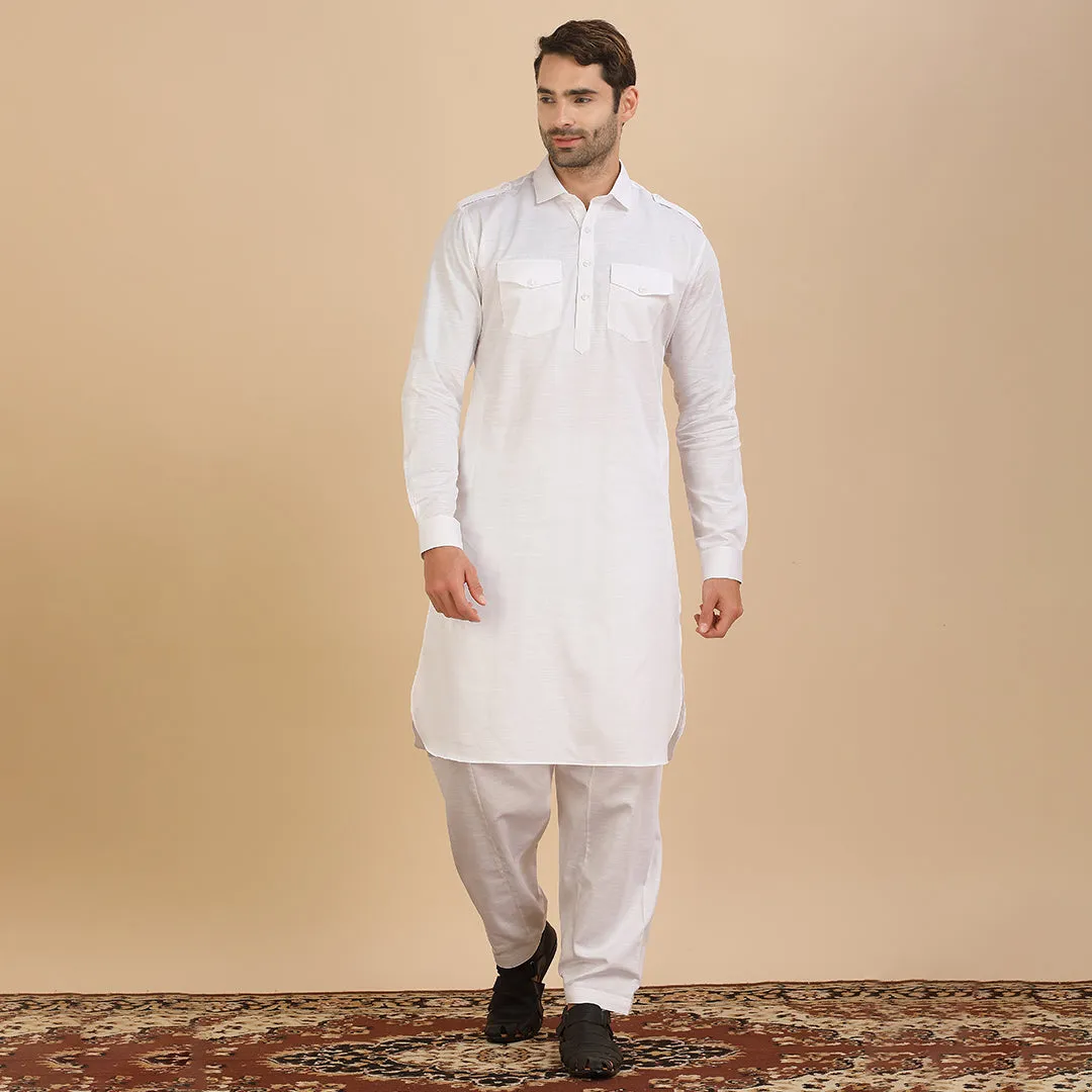 Snowy  White Pathani Plain Kurta for Men