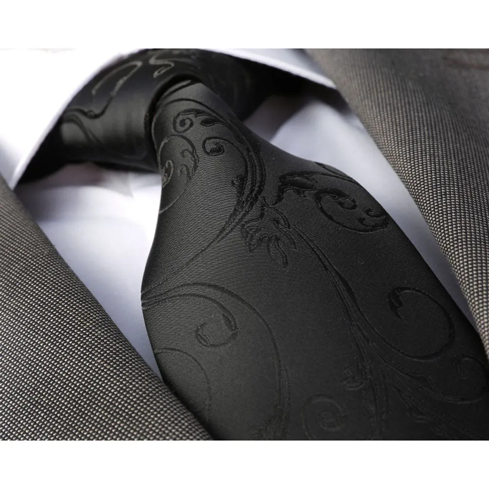 Solid Black Paisley Mens Designer Silk Necktie with Gift Box - Premium Quality made in Europe