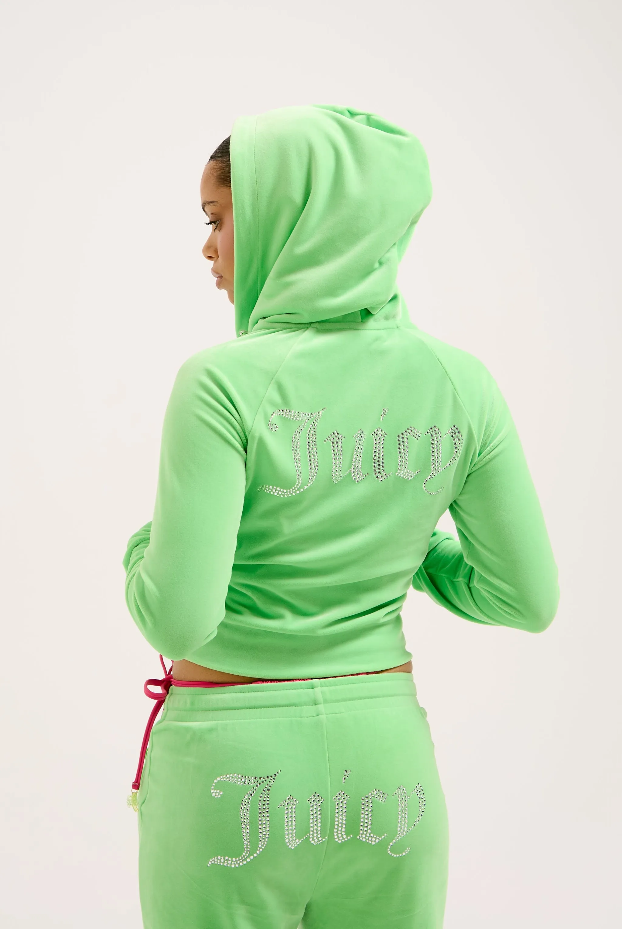 SUMMER GREEN DIAMANTÉ VELOUR ZIP-THROUGH HOODIE