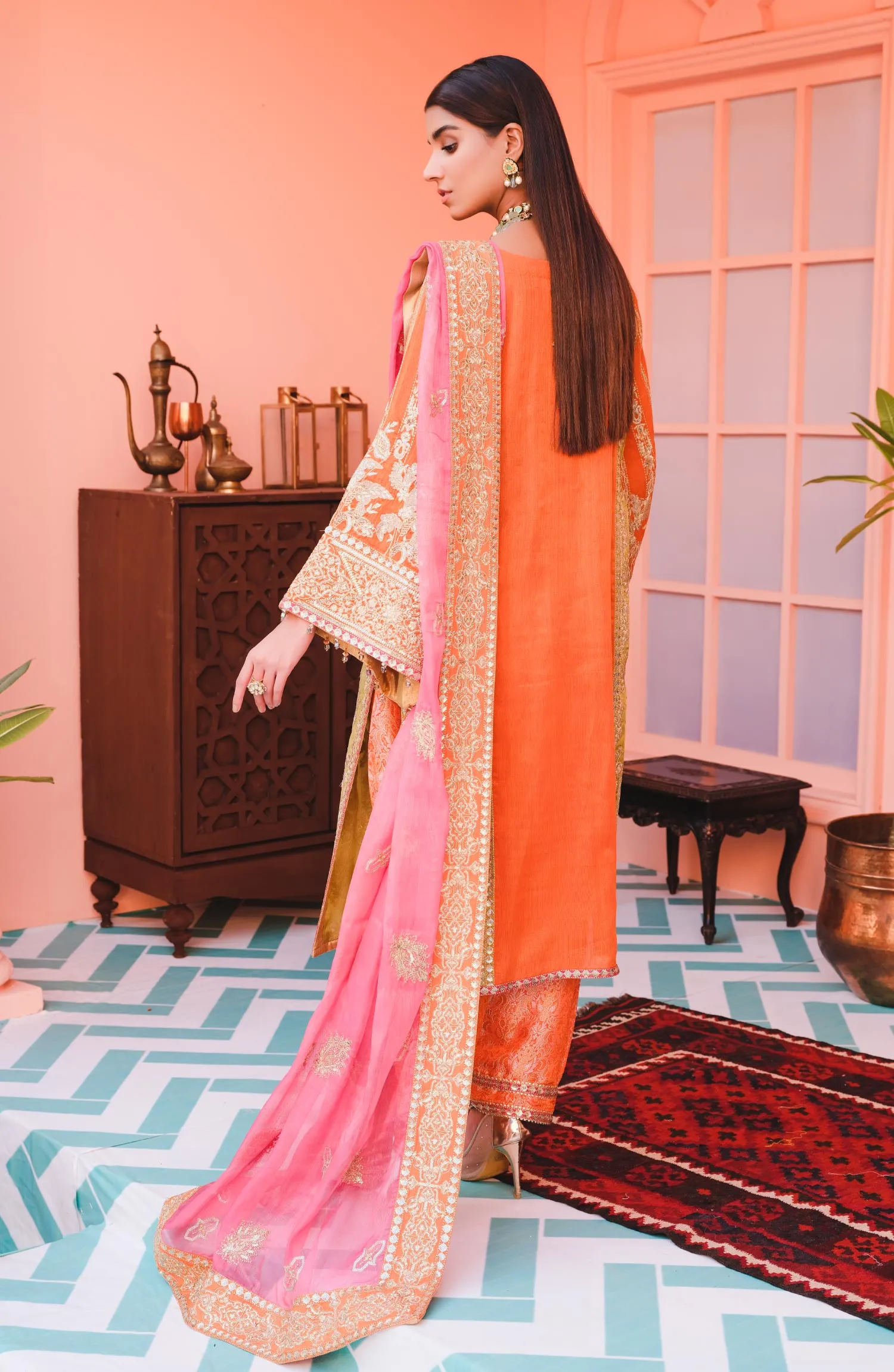 Traditional Pakistani Dress in Orange Color #PF393