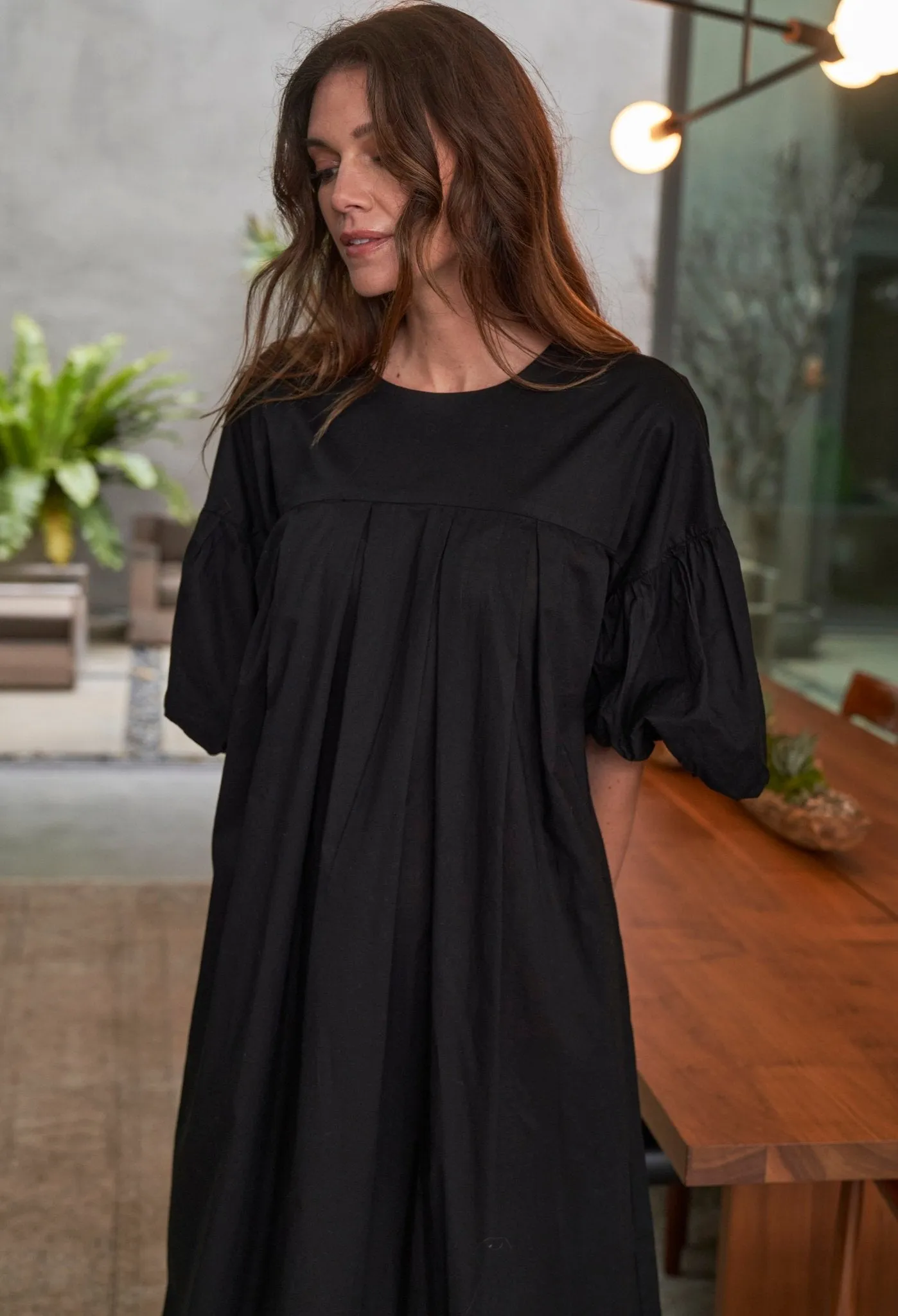 UPCYCLED - Black Puff Sleeve Long Cotton Dress - Sale