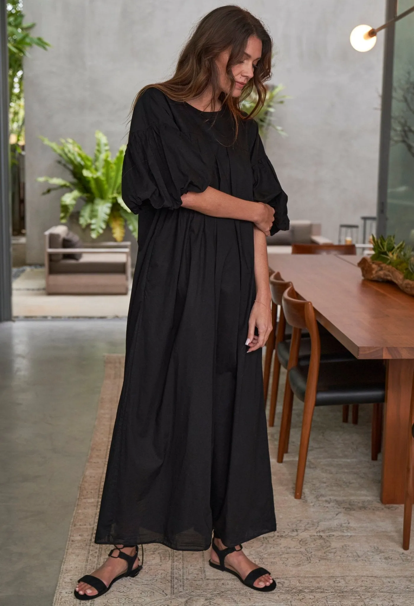 UPCYCLED - Black Puff Sleeve Long Cotton Dress - Sale