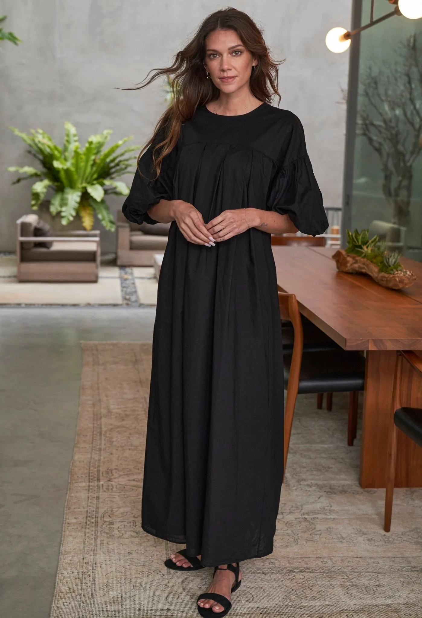 UPCYCLED - Black Puff Sleeve Long Cotton Dress - Sale