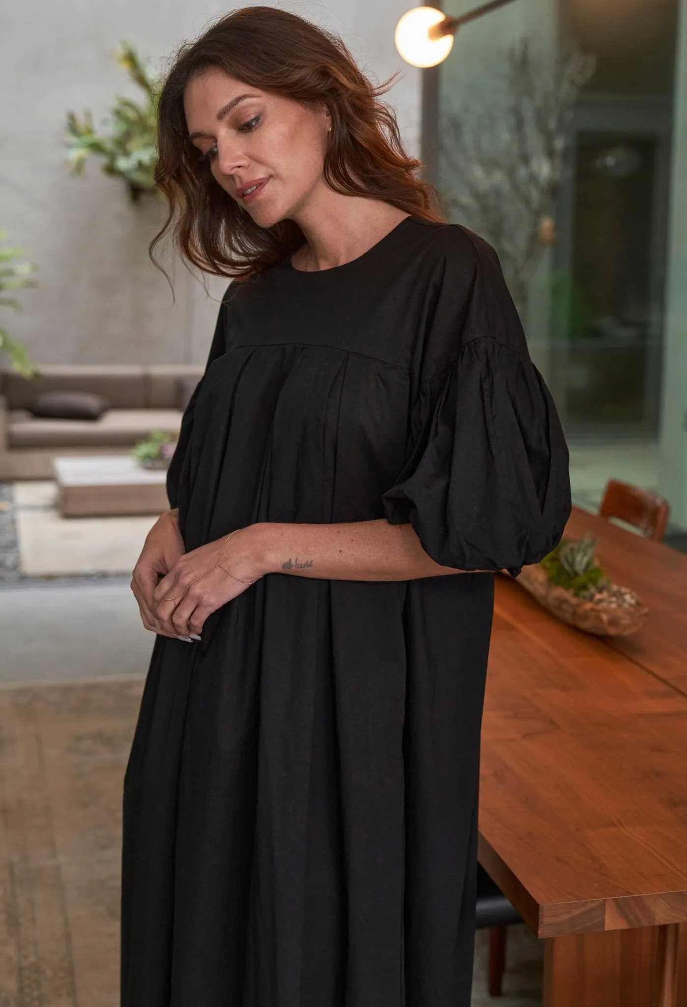 UPCYCLED - Black Puff Sleeve Long Cotton Dress - Sale
