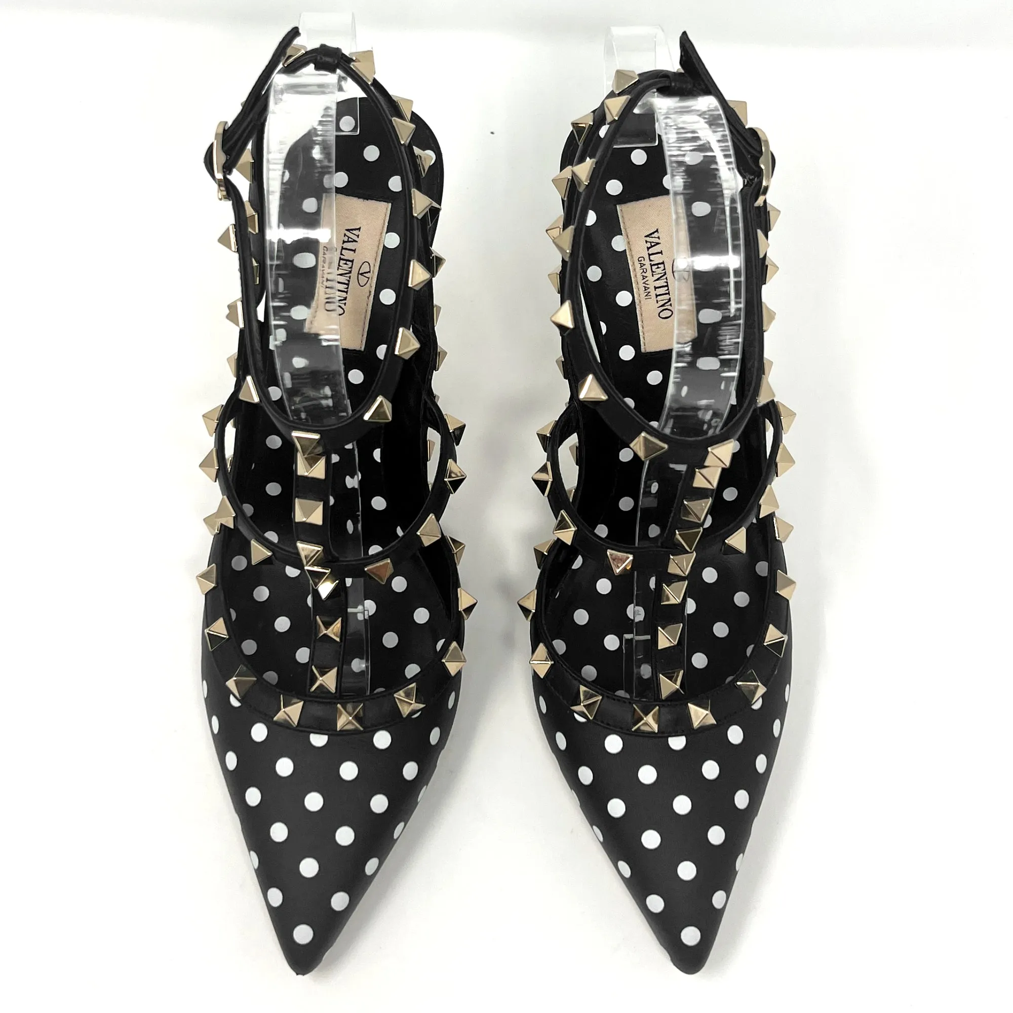 Valentino Rockstud Studded Triple Ttrap Black Leather Polka Dot Pointed Pumps Size EU 39.5