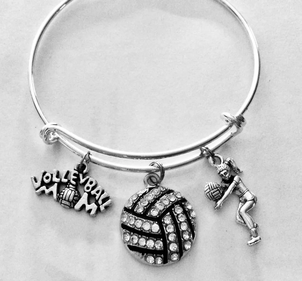 Volleyball Mom Charm on a Silver Expandable Bracelet Adjustable Silver Wire Bangle Sports Team Gift Trendy Handmade