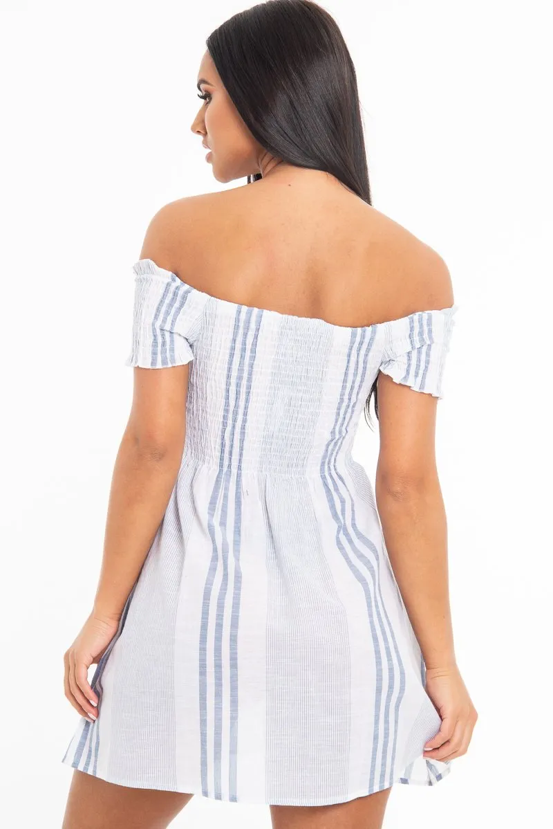 White Blue Stripe Shirred Bardot Woven Mini Dress - Artemis