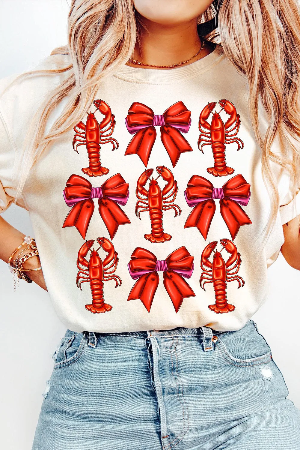 White Crawfish Bow Printed Casual T Shirt